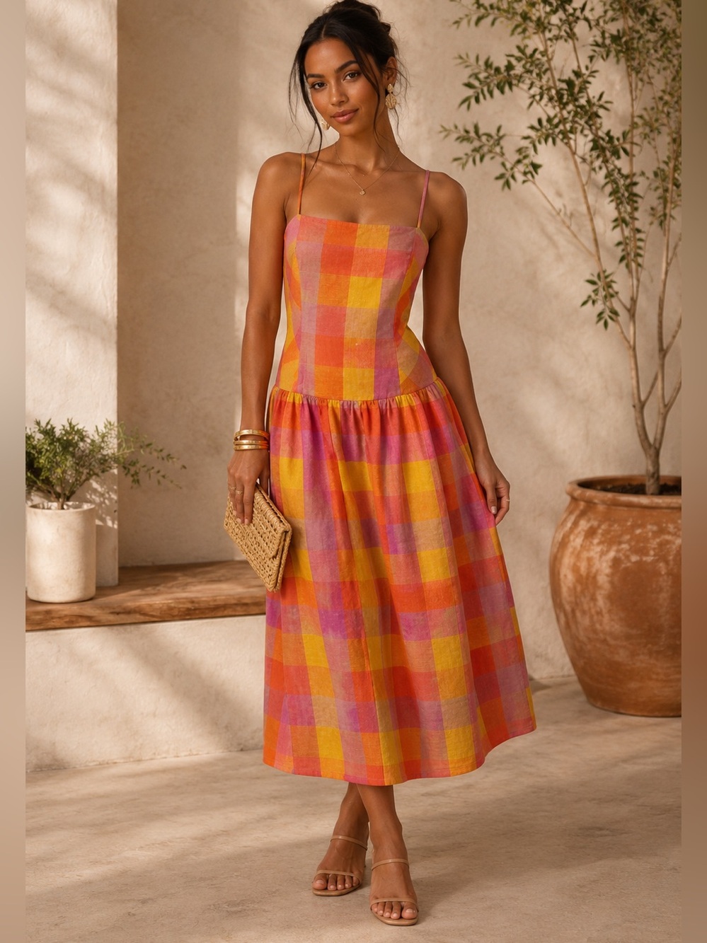 Jacquie the Label Juna Linen Midi Dress Pink Orange Yellow Summer Size S NWT